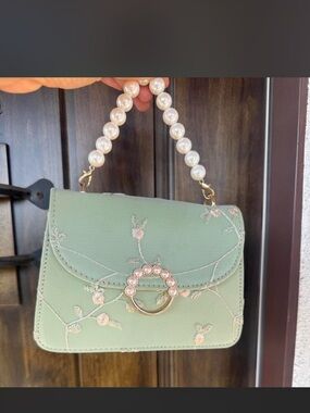SHEIN Mint Green Pearl-Handle Embroidered Mini Bag